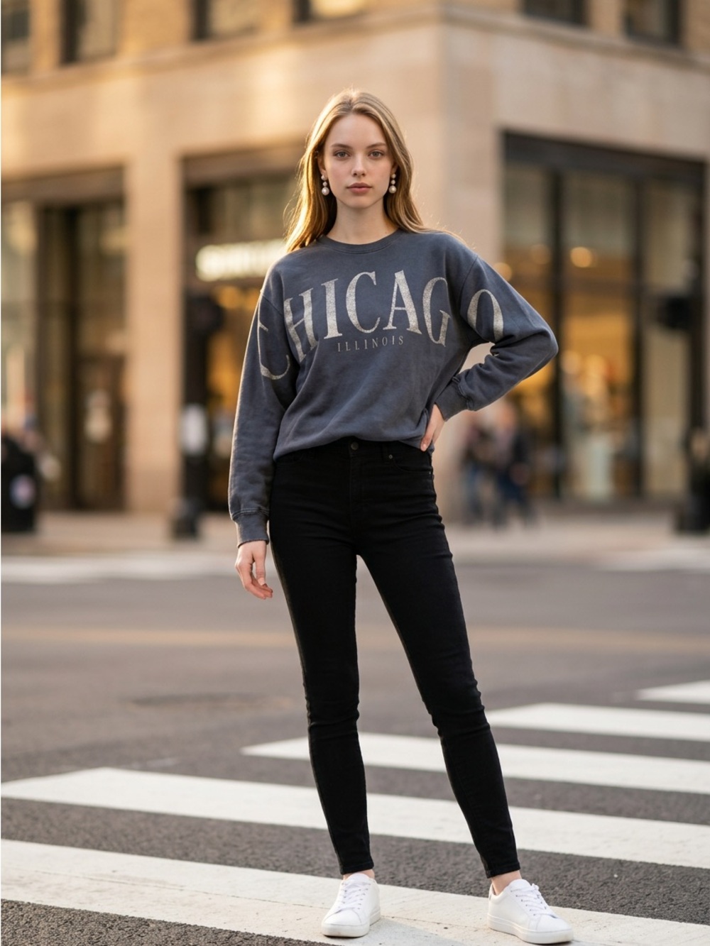 Hollister Chicago Illinois Oversized Graphic Crewneck Sweatshirt - Slate Blue si